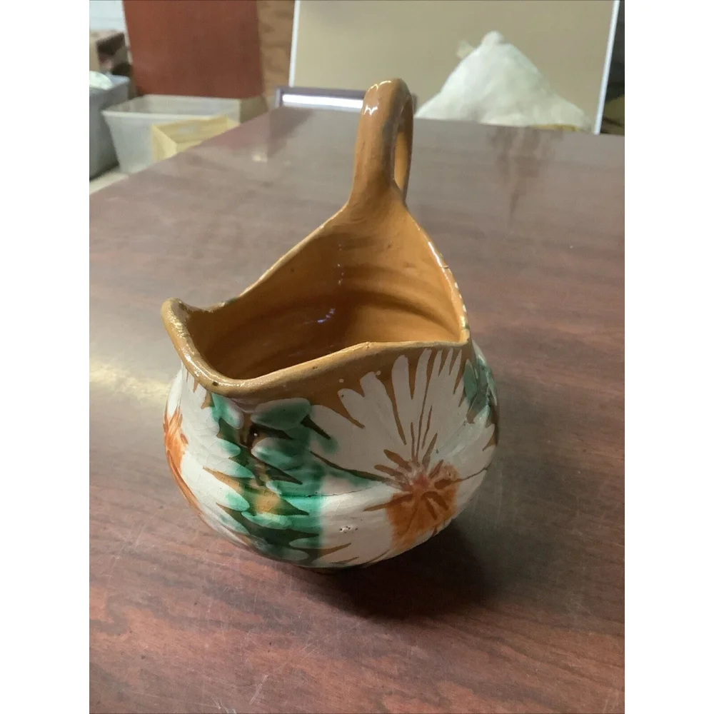 VTG Mexico Signed Pottery Creamer Milk Pitcher Flowers Hand Painted 5.5”x6.5”